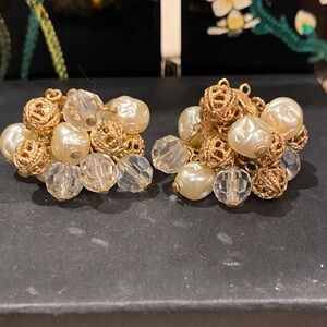 Classic Cluster Pearl and Crystal Drop Earrings - Gold and Cream  Filigree Beads